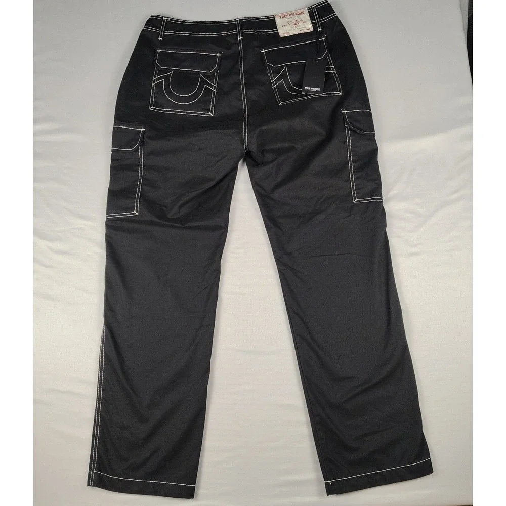 NWT True Religion Cargo Pants Mens 36x31.5 Black Straight White Contrast Stitch